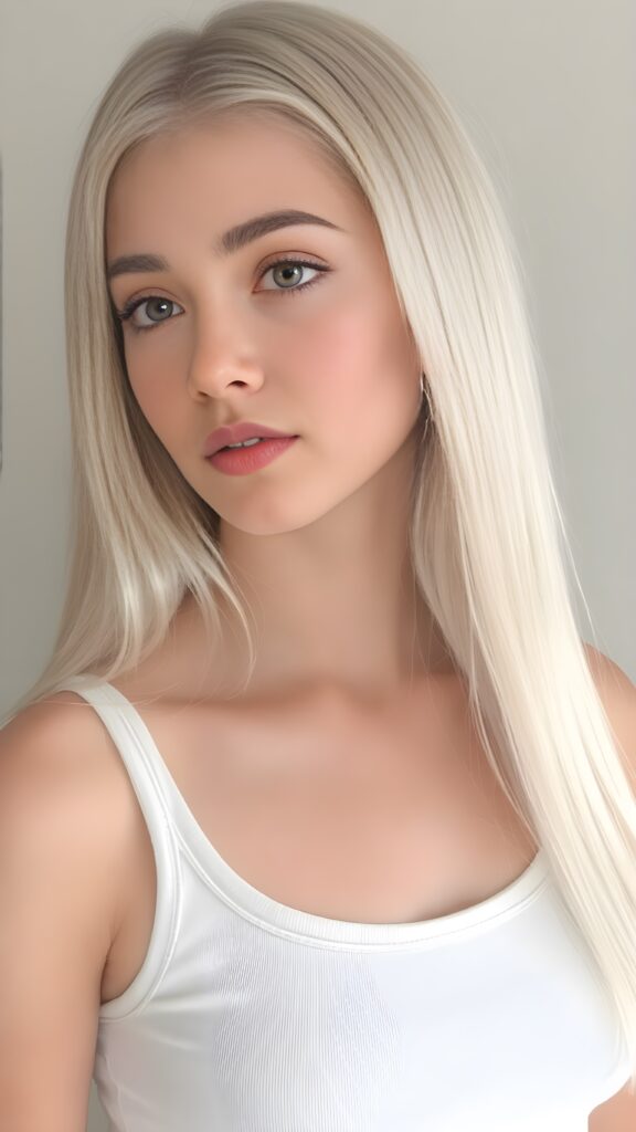 a (((young teen girl))), wears a short cropped tank top, straight soft long white hair, ((round face)), full kissable lips, round eyes, perfect skin, perfect curved body, side view