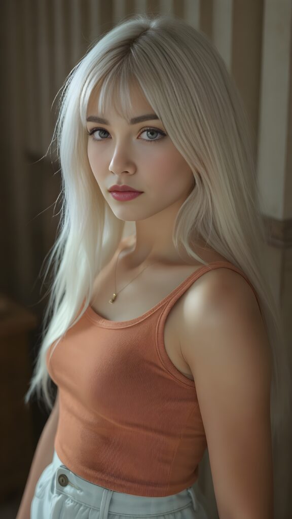 a (((young teen girl))), wears a short cropped tank top, straight soft long white hair, ((round face)), full kissable lips, round eyes, perfect skin, perfect curved body, side view
