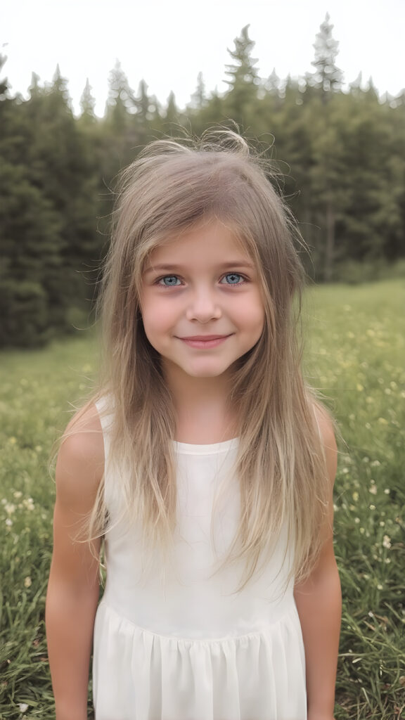 a young teen girl with long, straight and smooth soft and detailed golden hair, a soft and round face, deep blue, large and round eyes, smiles sheepishly into the camera. She is wearing a modern, thin white summer dress and is standing at the edge of a green forest with a beautiful meadow. The photo is perfectly exposed and focuses on the young girl in the center.