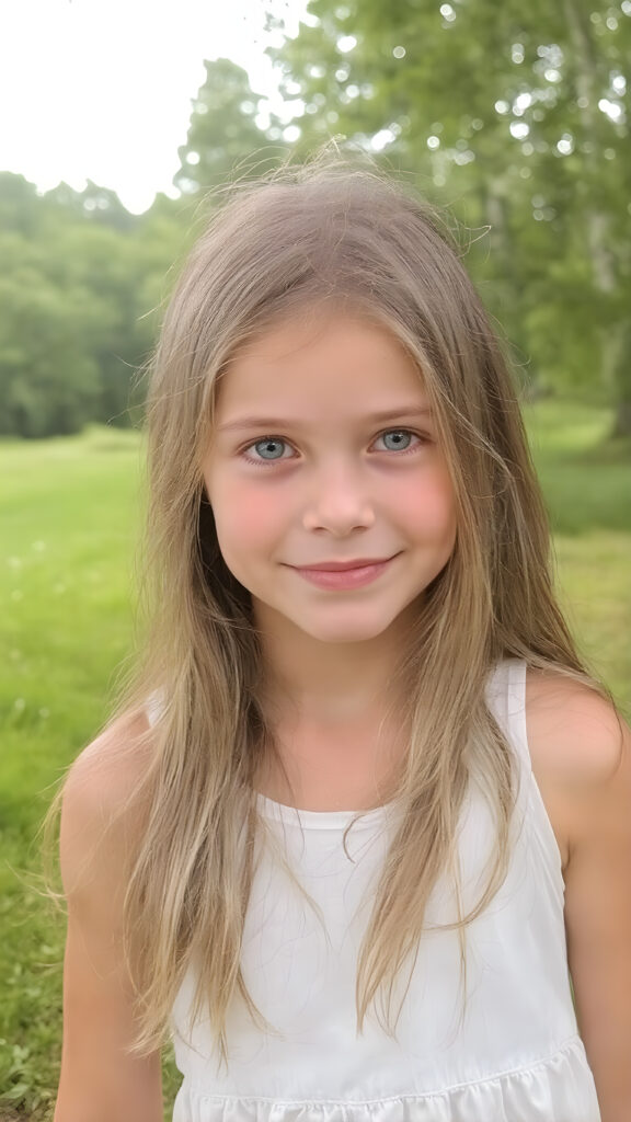 a young teen girl with long, straight and smooth soft and detailed golden hair, a soft and round face, deep blue, large and round eyes, smiles sheepishly into the camera. She is wearing a modern, thin white summer dress and is standing at the edge of a green forest with a beautiful meadow. The photo is perfectly exposed and focuses on the young girl in the center.