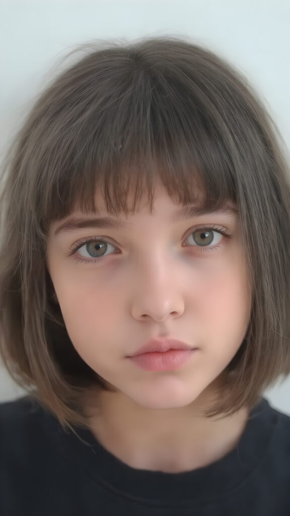 a young teen girl, 19 years old, perfect female body, with a cheeky short straight hairstyle, bangs, plump curved lips, big black eyes, black eyebrows, innocent look, flawless skin, beautiful, pretty