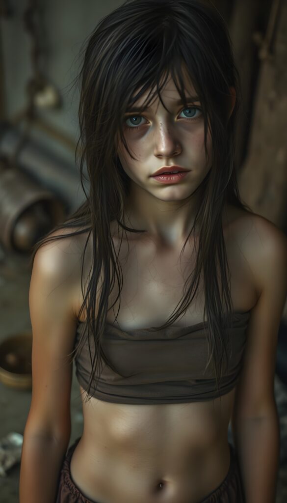 a young teen girl. She is poor and scantily tattered dressed in a cropped short brown tank top. Perfect female body. She cries. She is alone. Her wet dark long straight hair is disheveled and dirty and falls down to her body. She looks sadly into the camera. ((realistic, detailed photo)). You can see her cute little belly button. Short tattered round skirt. She looks up to the viewer.