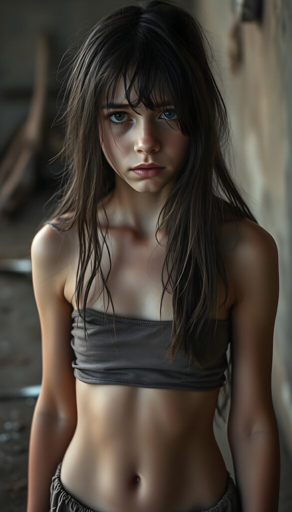 a young teen girl. She is poor and scantily tattered dressed in a cropped short brown tank top. Perfect female body. She cries. She is alone. Her wet dark long straight hair is disheveled and dirty and falls down to her body. She looks sadly into the camera. ((realistic, detailed photo)). You can see her cute little belly button. Short tattered round skirt. She looks up to the viewer.