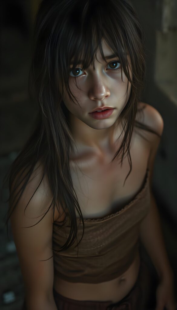 a young teen girl. She is poor and scantily tattered dressed in a cropped short brown tank top. Perfect female body. She cries. She is alone. Her wet dark long straight hair is disheveled and dirty and falls down to her body. She looks sadly into the camera. ((realistic, detailed photo)). You can see her cute little belly button. Short tattered round skirt. She looks up to the viewer.