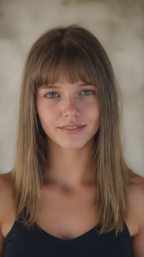 a young teen girl (((straight, luxurious copper hair))), with intricate details and hyper realistic color shading, capturing the essence of a (professional studio photo) for a stunningly realistic portrait. Her figure is flawlessly proportioned, with perfectly straight hair and (extremely soft, smooth skin) that exudes an almost ethereal glow. She is dressed in a sleek, tight V-neck black sport tank top, that accentuate her toned, natural body, her smile radiates joy and confidence, full eyes. The backdrop is a serene natural setting that complements her youthful beauty