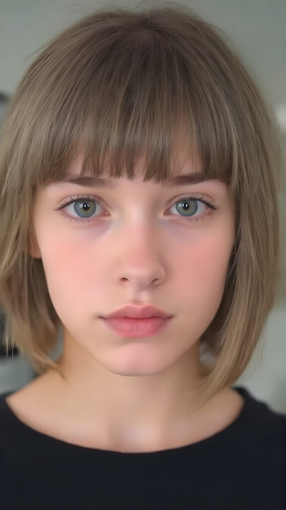 a young teen girl, 19 years old, perfect female body, with a cheeky short straight hairstyle, bangs, plump curved lips, big black eyes, black eyebrows, innocent look, flawless skin, beautiful, pretty