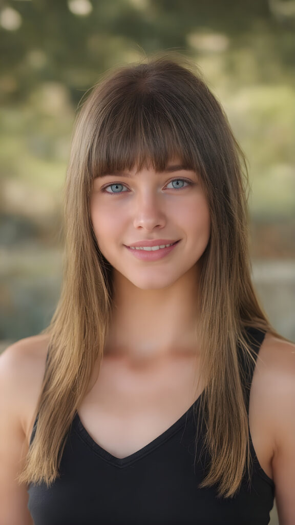 a young teen girl (((straight, luxurious copper hair))), with intricate details and hyper realistic color shading, capturing the essence of a (professional studio photo) for a stunningly realistic portrait. Her figure is flawlessly proportioned, with perfectly straight hair and (extremely soft, smooth skin) that exudes an almost ethereal glow. She is dressed in a sleek, tight V-neck black sport tank top, that accentuate her toned, natural body, her smile radiates joy and confidence, full eyes. The backdrop is a serene natural setting that complements her youthful beauty