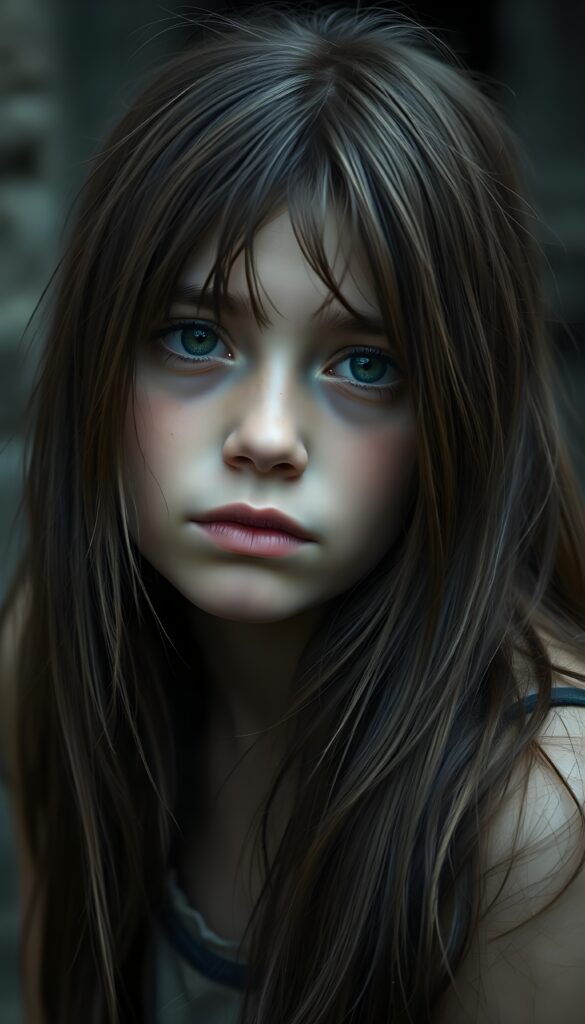 a young teen girl. She is poor and scantily tattered dressed. She is alone. Her long straight slightly wavy hazelnut brown hair is disheveled and dirty. She looks sadly into the camera. ((realistic, detailed photo))