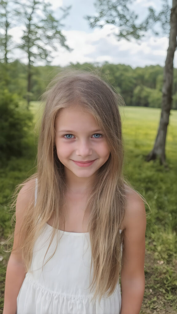 a young teen girl with long, straight and smooth soft and detailed golden hair, a soft and round face, deep blue, large and round eyes, smiles sheepishly into the camera. She is wearing a modern, thin white summer dress and is standing at the edge of a green forest with a beautiful meadow. The photo is perfectly exposed and focuses on the young girl in the center.