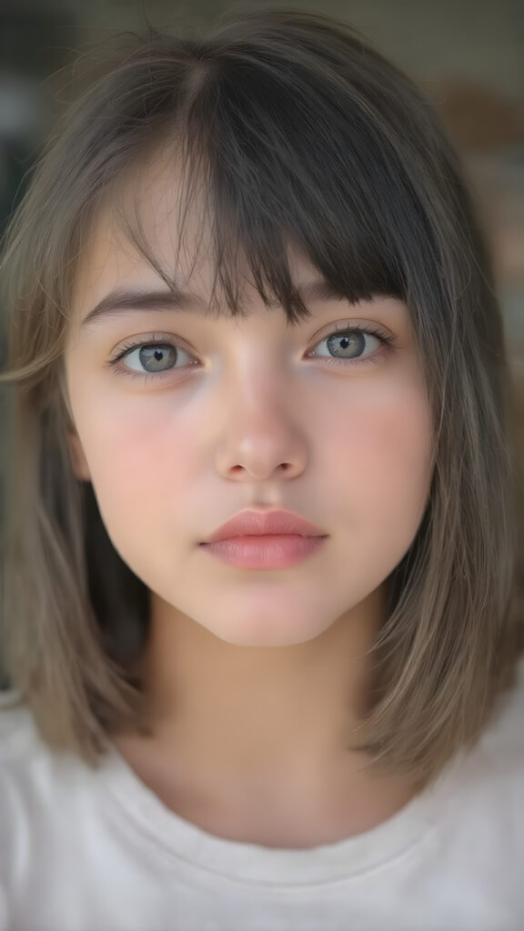 a young teen girl, 19 years old, perfect female body, with a cheeky short straight hairstyle, bangs, plump curved lips, big black eyes, black eyebrows, innocent look, flawless skin, beautiful, pretty