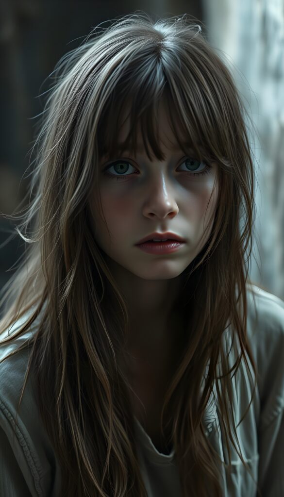 a young teen girl. She is poor and scantily tattered dressed. She is alone. Her long straight slightly wavy hazelnut brown hair is disheveled and dirty. She looks sadly into the camera. ((realistic, detailed photo))