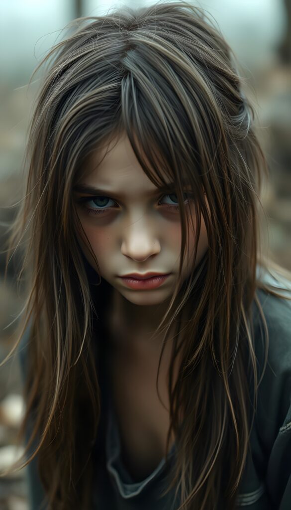 a young teen girl. She is poor and scantily tattered dressed. She is alone. Her long straight slightly wavy hazelnut brown hair is disheveled and dirty. She looks sadly into the camera. ((realistic, detailed photo))