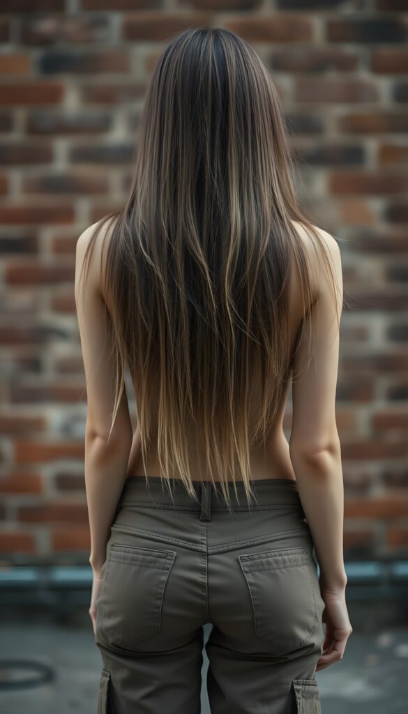 a young teen girl, perfect curved female body with long straight brown hair and blond highlights that falls down to her back, view from the back, short plain cargo pants. Perfect curved butt. All against a brick wall.