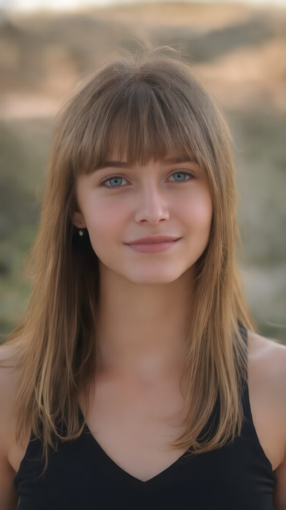 a young teen girl (((straight, luxurious copper hair))), with intricate details and hyper realistic color shading, capturing the essence of a (professional studio photo) for a stunningly realistic portrait. Her figure is flawlessly proportioned, with perfectly straight hair and (extremely soft, smooth skin) that exudes an almost ethereal glow. She is dressed in a sleek, tight V-neck black sport tank top, that accentuate her toned, natural body, her smile radiates joy and confidence, full eyes. The backdrop is a serene natural setting that complements her youthful beauty