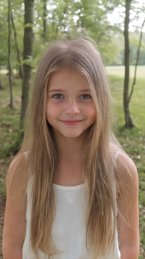 a young teen girl with long, straight and smooth soft and detailed golden hair, a soft and round face, deep blue, large and round eyes, smiles sheepishly into the camera. She is wearing a modern, thin white summer dress and is standing at the edge of a green forest with a beautiful meadow. The photo is perfectly exposed and focuses on the young girl in the center.