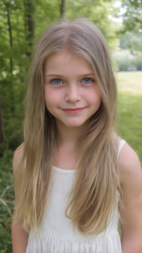 a young teen girl with long, straight and smooth soft and detailed golden hair, a soft and round face, deep blue, large and round eyes, smiles sheepishly into the camera. She is wearing a modern, thin white summer dress and is standing at the edge of a green forest with a beautiful meadow. The photo is perfectly exposed and focuses on the young girl in the center.