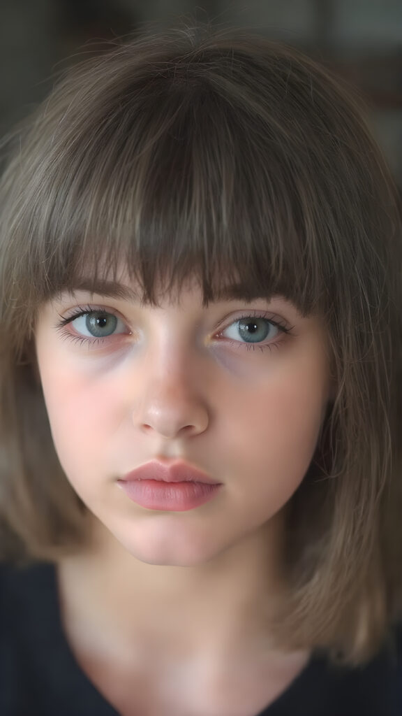 a young teen girl, 19 years old, perfect female body, with a cheeky short straight hairstyle, bangs, plump curved lips, big black eyes, black eyebrows, innocent look, flawless skin, beautiful, pretty