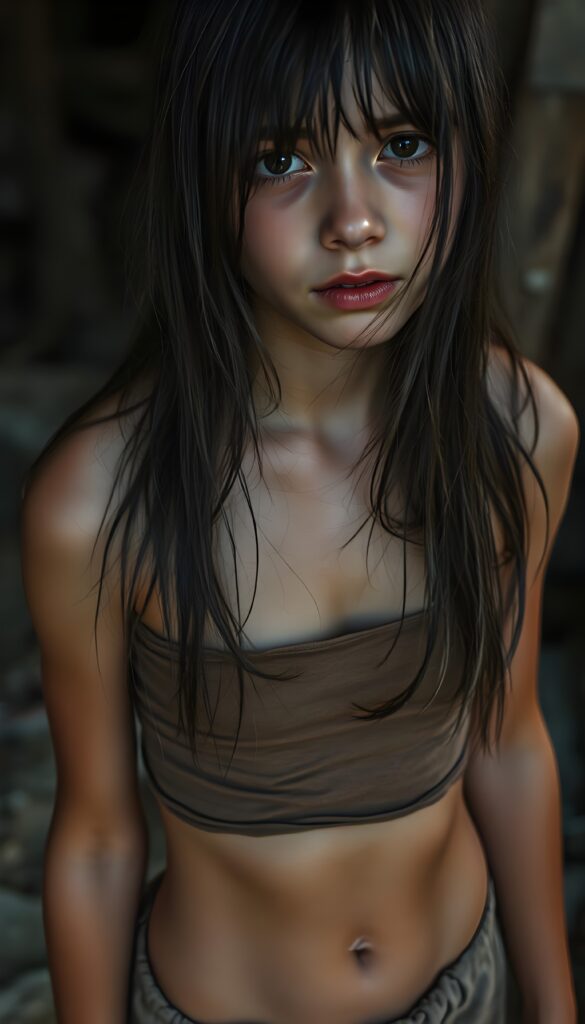 a young teen girl. She is poor and scantily tattered dressed in a cropped short brown tank top. Perfect female body. She cries. She is alone. Her wet dark long straight hair is disheveled and dirty and falls down to her body. She looks sadly into the camera. ((realistic, detailed photo)). You can see her cute little belly button. Short tattered round skirt. She looks up to the viewer.