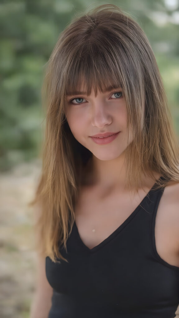 a young teen girl (((straight, luxurious copper hair))), with intricate details and hyper realistic color shading, capturing the essence of a (professional studio photo) for a stunningly realistic portrait. Her figure is flawlessly proportioned, with perfectly straight hair and (extremely soft, smooth skin) that exudes an almost ethereal glow. She is dressed in a sleek, tight V-neck black sport tank top, that accentuate her toned, natural body, her smile radiates joy and confidence, full eyes. The backdrop is a serene natural setting that complements her youthful beauty