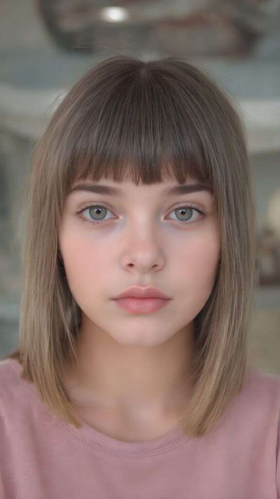 a young teen girl, 19 years old, perfect female body, with a cheeky short straight hairstyle, bangs, plump curved lips, big black eyes, black eyebrows, innocent look, flawless skin, beautiful, pretty