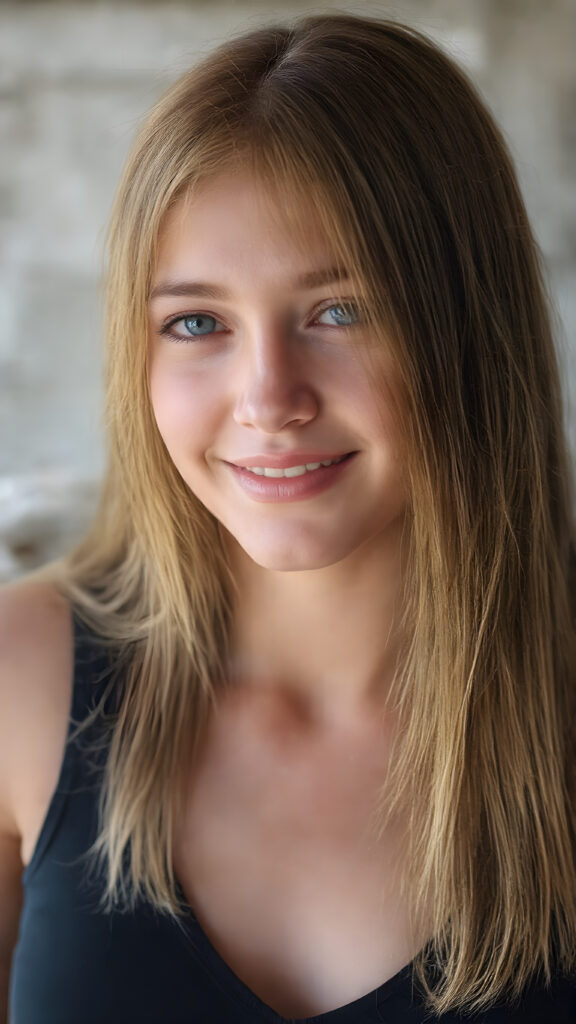 a young teen girl (((straight, luxurious copper hair))), with intricate details and hyper realistic color shading, capturing the essence of a (professional studio photo) for a stunningly realistic portrait. Her figure is flawlessly proportioned, with perfectly straight hair and (extremely soft, smooth skin) that exudes an almost ethereal glow. She is dressed in a sleek, tight V-neck black sport tank top, that accentuate her toned, natural body, her smile radiates joy and confidence, full eyes. The backdrop is a serene natural setting that complements her youthful beauty