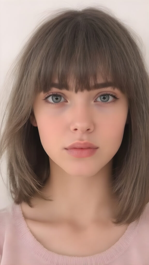 a young teen girl, 19 years old, perfect female body, with a cheeky short straight hairstyle, bangs, plump curved lips, big black eyes, black eyebrows, innocent look, flawless skin, beautiful, pretty