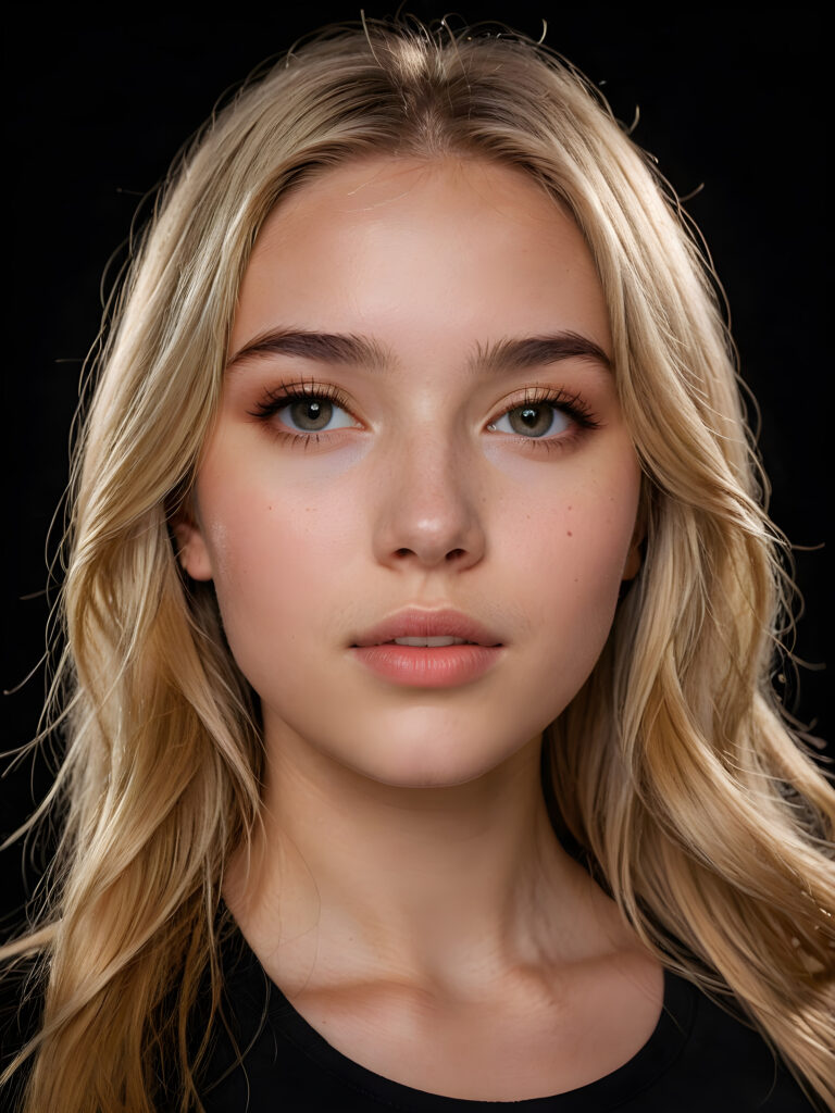 a young teen girl ((stunning)) ((gorgeous)) ((detailed close-up portrait)) ((dark black background)) ((weak light illuminates the image)) ((angelic round face)) ((straight hair)) ((blonde hair)), she has her mouth slightly open and looks seductively at the viewer, full lips