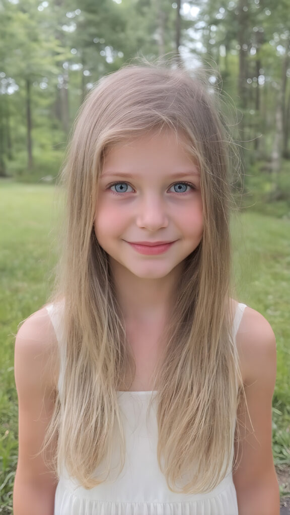 a young teen girl with long, straight and smooth soft and detailed golden hair, a soft and round face, deep blue, large and round eyes, smiles sheepishly into the camera. She is wearing a modern, thin white summer dress and is standing at the edge of a green forest with a beautiful meadow. The photo is perfectly exposed and focuses on the young girl in the center.