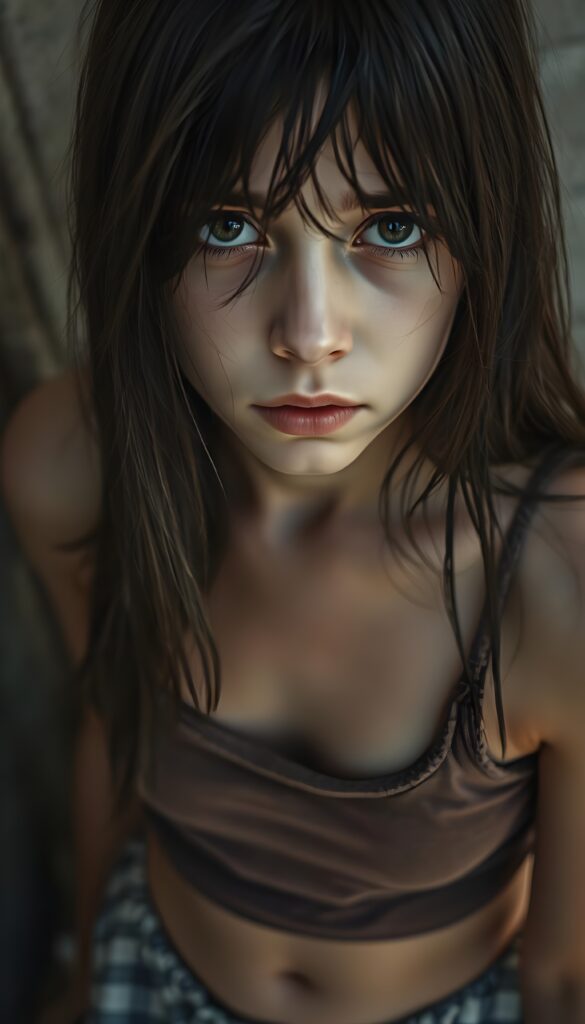 a young teen girl. She is poor and scantily tattered dressed in a cropped short brown tank top. Perfect female body. She cries. She is alone. Her wet dark long straight hair is disheveled and dirty and falls down to her body. She looks sadly into the camera. ((realistic, detailed photo)). You can see her cute little belly button. Short tattered round skirt. She looks up to the viewer.