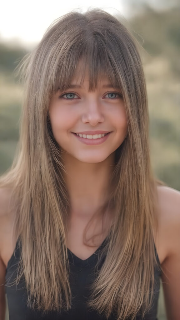 a young teen girl (((straight, luxurious copper hair))), with intricate details and hyper realistic color shading, capturing the essence of a (professional studio photo) for a stunningly realistic portrait. Her figure is flawlessly proportioned, with perfectly straight hair and (extremely soft, smooth skin) that exudes an almost ethereal glow. She is dressed in a sleek, tight V-neck black sport tank top, that accentuate her toned, natural body, her smile radiates joy and confidence, full eyes. The backdrop is a serene natural setting that complements her youthful beauty