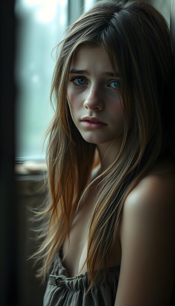 a young teen girl. She is poor and scantily tattered dressed. She is alone. Her long straight slightly wavy hazelnut brown hair is disheveled and dirty. She looks sadly into the camera. ((realistic, detailed photo))
