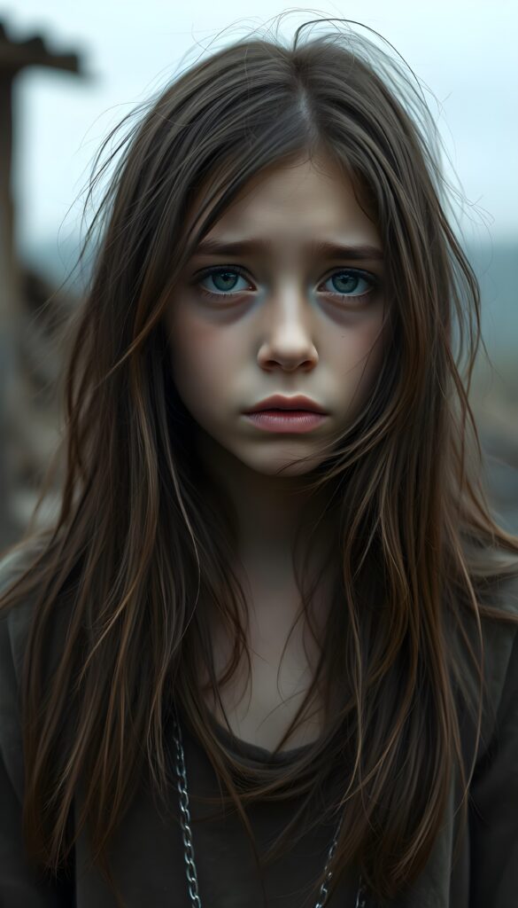 a young teen girl. She is poor and scantily tattered dressed. She is alone. Her long straight slightly wavy hazelnut brown hair is disheveled and dirty. She looks sadly into the camera. ((realistic, detailed photo))