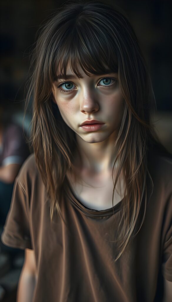 a young teen girl. She is poor and scantily tattered dressed. She is alone. Her long straight slightly wavy hazelnut brown hair is disheveled and dirty. She looks sadly into the camera. ((realistic, detailed photo))