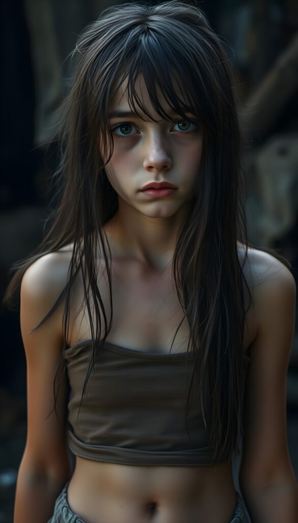 a young teen girl. She is poor and scantily tattered dressed in a cropped short brown tank top. Perfect female body. She cries. She is alone. Her wet dark long straight hair is disheveled and dirty and falls down to her body. She looks sadly into the camera. ((realistic, detailed photo)). You can see her cute little belly button. Short tattered round skirt. She looks up to the viewer.