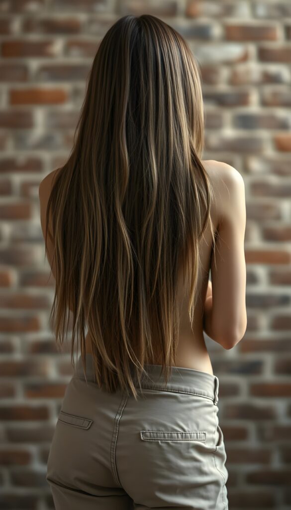 a young teen girl, perfect curved female body with long straight brown hair and blond highlights that falls down to her back, view from the back, short plain cargo pants. Perfect curved butt. All against a brick wall.