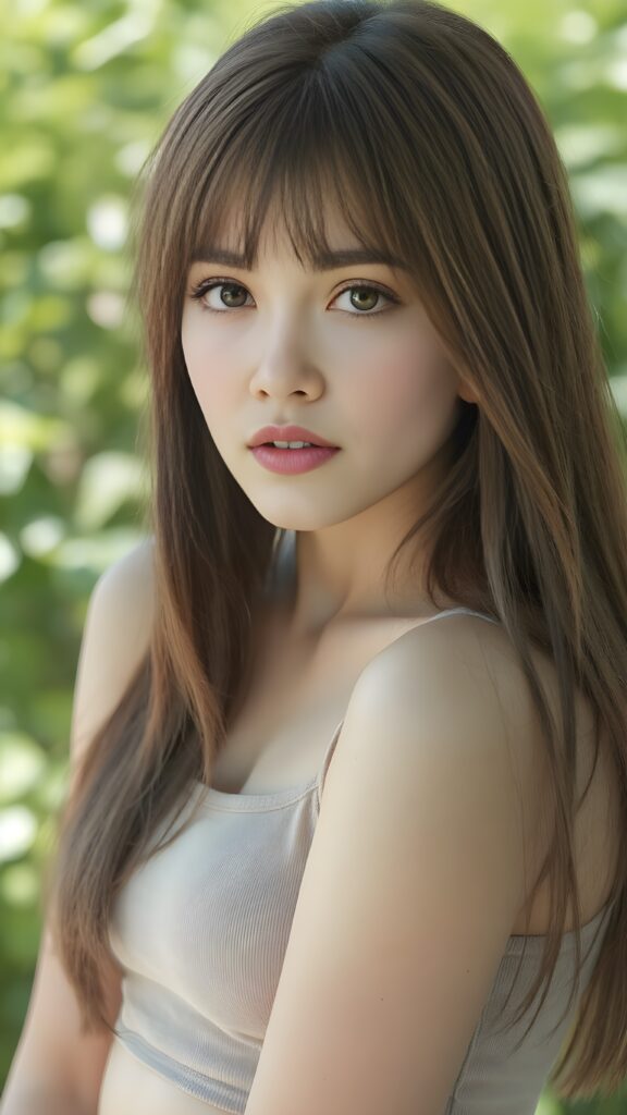 a (((young well busty teen girl))), wears a short cropped tank top, straight soft long brown hair, ((round face)), full kissable lips, round eyes, perfect skin, perfect curved body, side view, sunny green backdrop