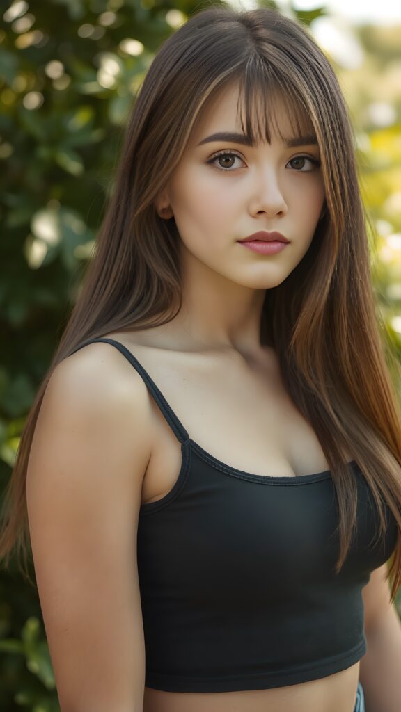 a (((young well busty teen girl))), wears a short cropped tank top, straight soft long brown hair, ((round face)), full kissable lips, round eyes, perfect skin, perfect curved body, side view, sunny green backdrop