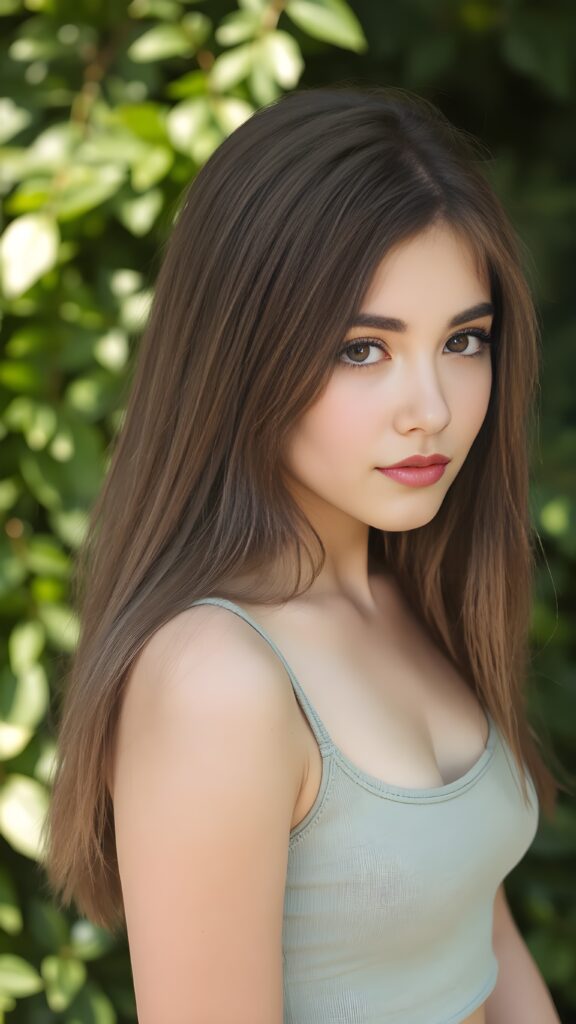 a (((young well busty teen girl))), wears a short cropped tank top, straight soft long brown hair, ((round face)), full kissable lips, round eyes, perfect skin, perfect curved body, side view, sunny green backdrop