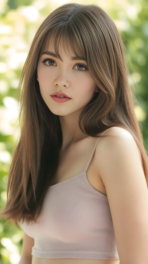 a (((young well busty teen girl))), wears a short cropped tank top, straight soft long brown hair, ((round face)), full kissable lips, round eyes, perfect skin, perfect curved body, side view, sunny green backdrop