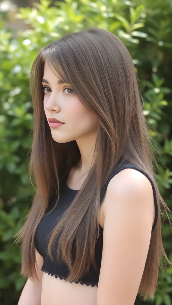 a (((young well busty teen girl))), wears a short cropped tank top, straight soft long brown hair, ((round face)), full kissable lips, round eyes, perfect skin, perfect curved body, side view, sunny green backdrop