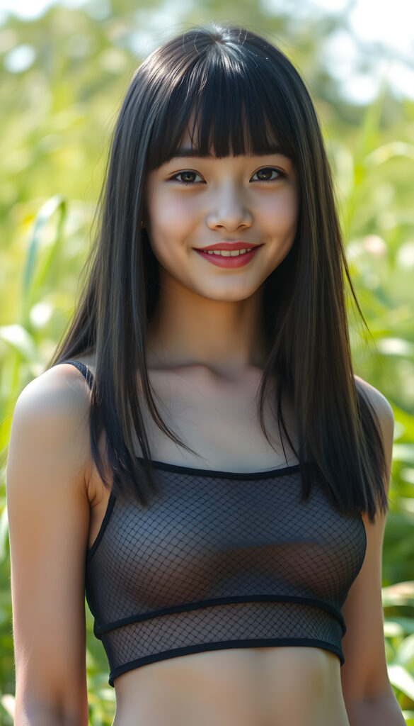 a young teen babe, dark straight soft hair, smile, in emo style, sunny green backdrop, she is wearing a thin, black mesh cropped tank top, deep neck.