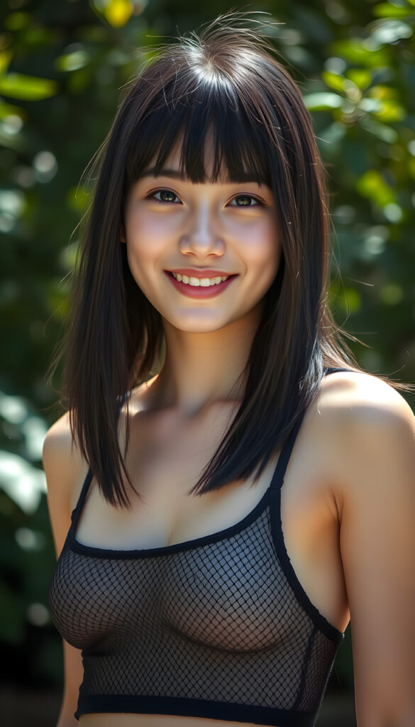 a young teen babe, dark straight soft hair, smile, in emo style, sunny green backdrop, she is wearing a thin, black mesh cropped tank top, deep neck.