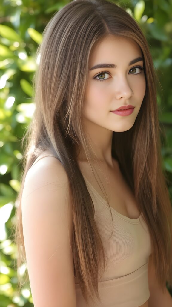 a (((young well busty teen girl))), wears a short cropped tank top, straight soft long brown hair, ((round face)), full kissable lips, round eyes, perfect skin, perfect curved body, side view, sunny green backdrop