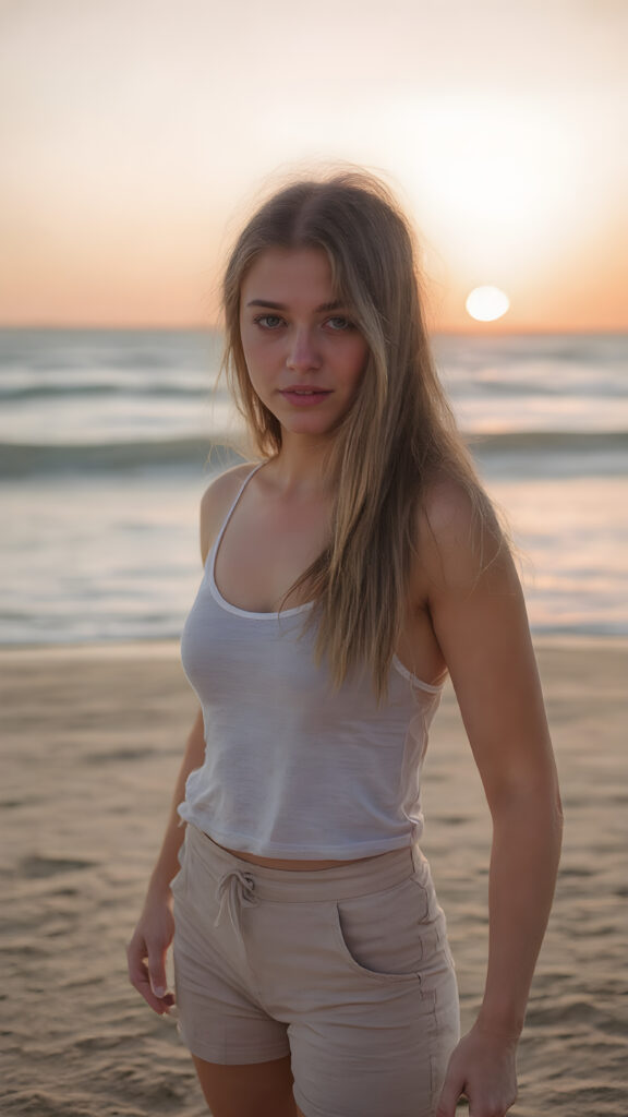 a young woman, 17 years old, on a beach, stand in the fine sand, sunset, beautiful, stunning, gorgeous, perfect light, happiness, she has long straight fine hair, wears a tank top and dressed in short pants