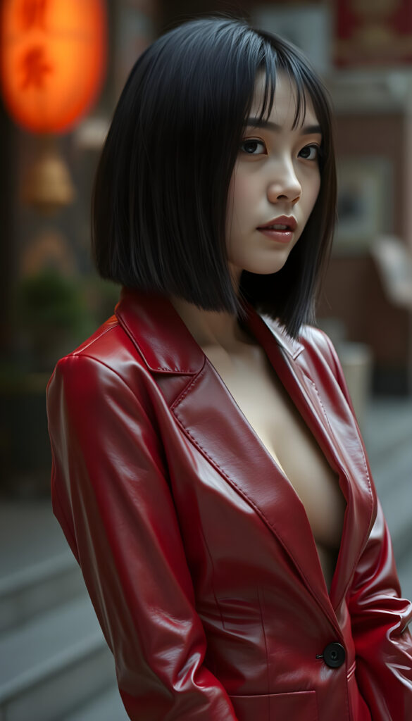 a young woman in a red thin open leather suit, black straight hair in bob cut, Asian touch, female curved body, fit