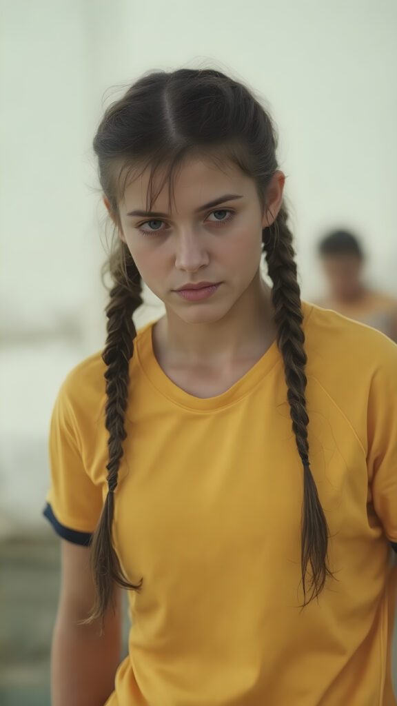 a young woman in a yellow plain soccer jersey and a perfect, athletic body.