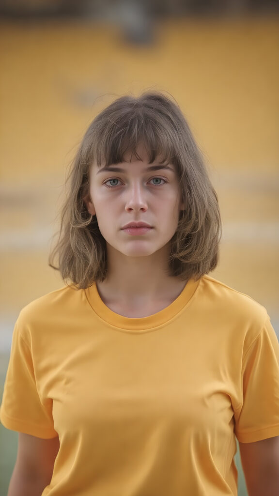 a young woman in a yellow plain soccer jersey and a perfect, athletic body.
