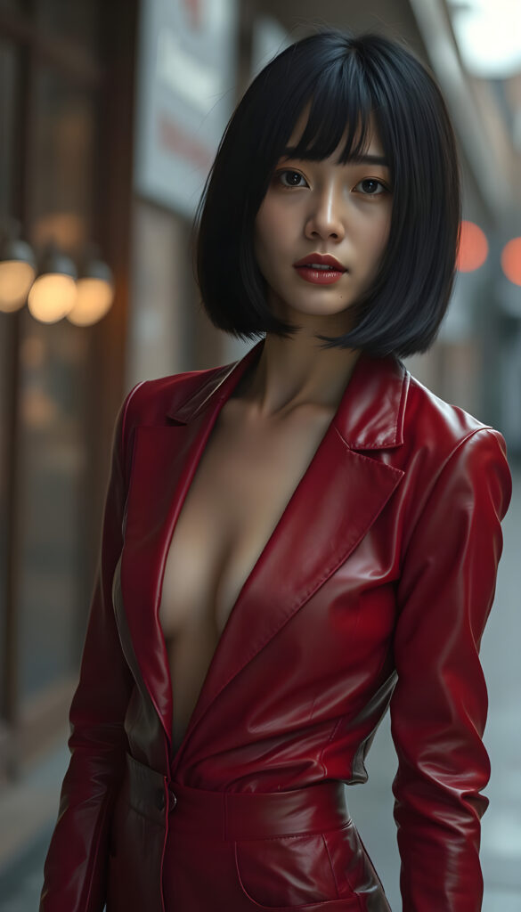 a young woman in a red thin open leather suit, black straight hair in bob cut, Asian touch, female curved body, fit