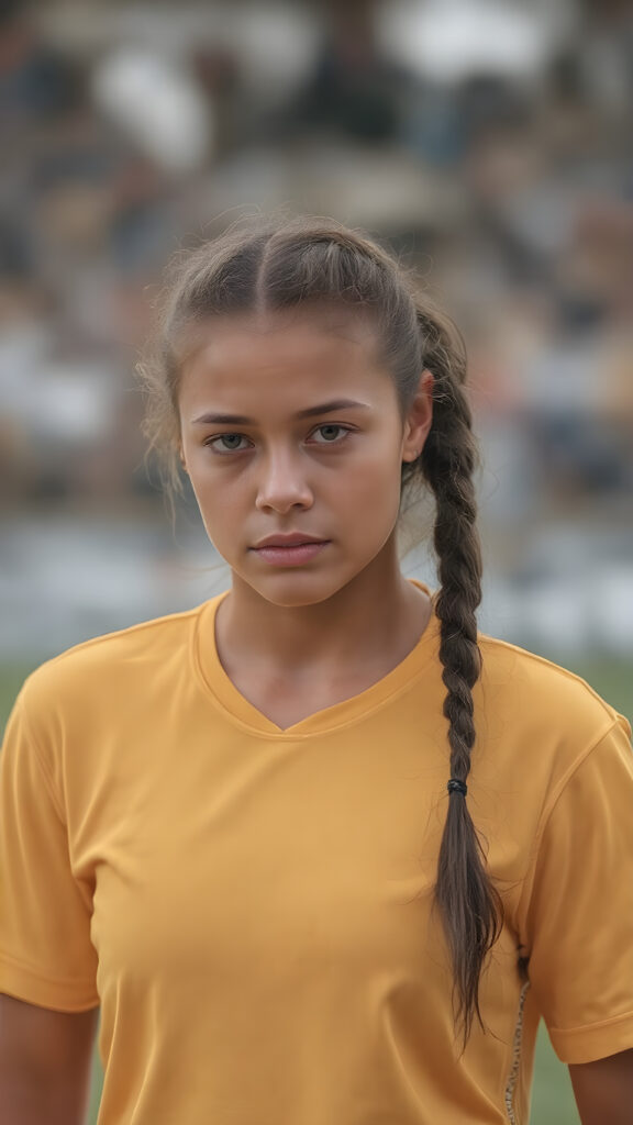 a young woman in a yellow plain soccer jersey and a perfect, athletic body.