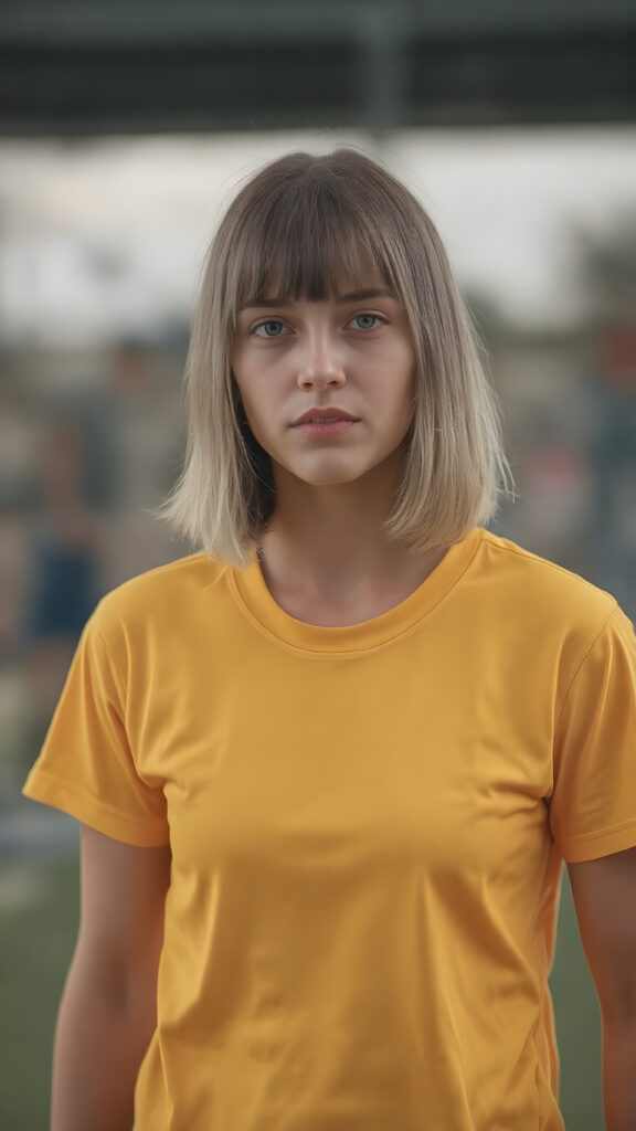 a young woman in a yellow plain soccer jersey and a perfect, athletic body.